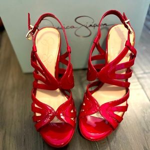 Red high heel strappy shoes